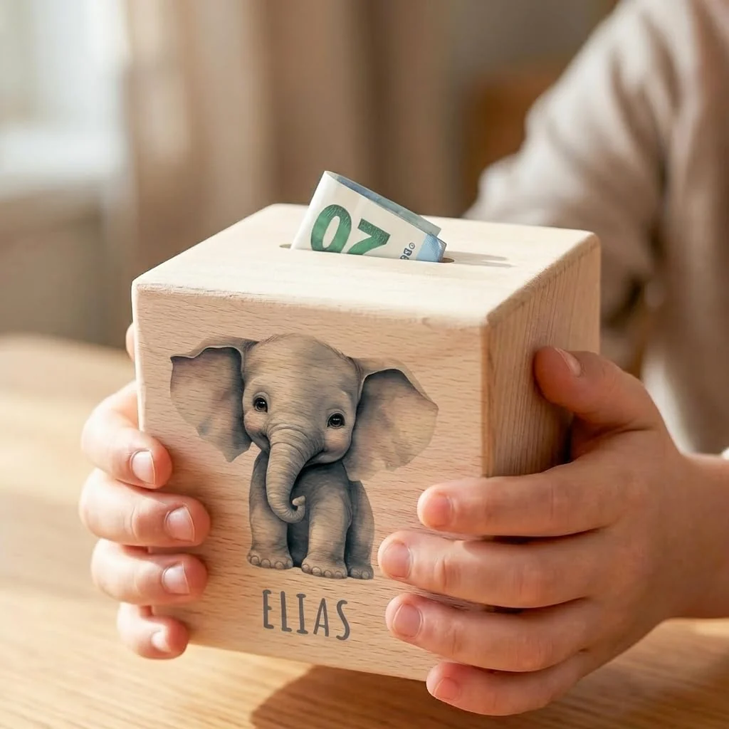 Elefant Spardose für Kinder personalisiert Sparbox aus Holz Sparschwein mit Schlüssel Taufgeschenk für Jungen und Mädchen – Bild 3