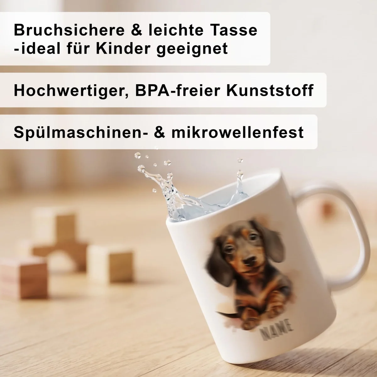 Bruchsichere Kindertasse leichte Kunststoff Tasse mit Henkel für Kindergarten, Dackel – Bild 5