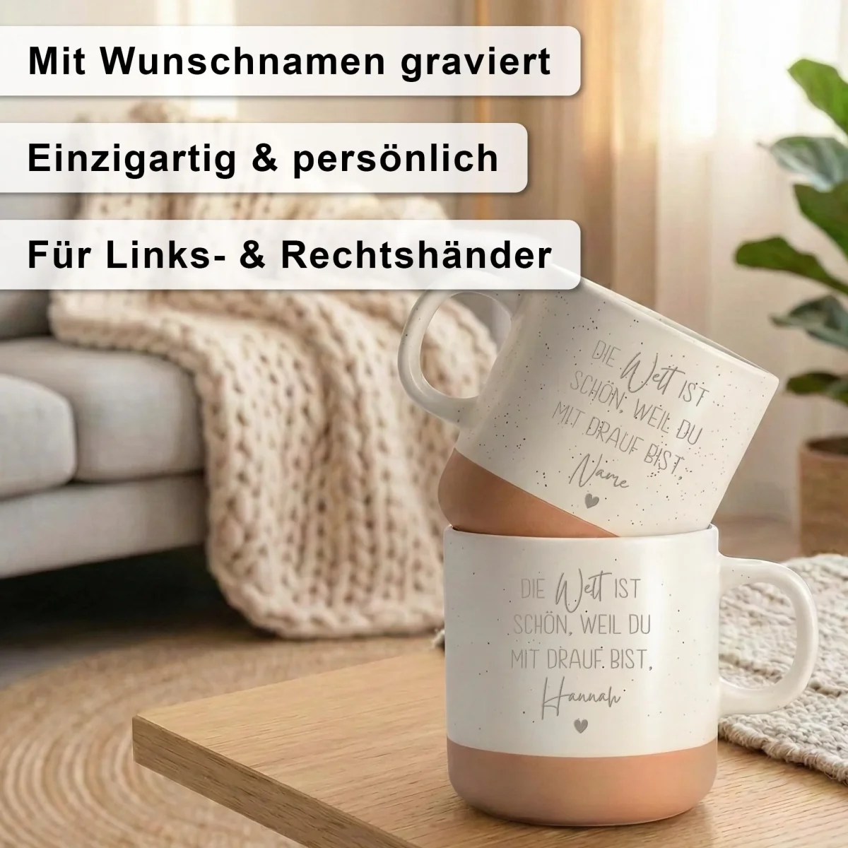 Die Welt ist schön weil du mit drauf bist Steingut Tasse personalisiert mit Gravur Geschenke für Freundin Kaffeetasse – Bild 4