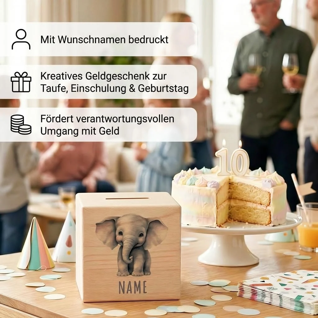 Elefant Spardose für Kinder personalisiert Sparbox aus Holz Sparschwein mit Schlüssel Taufgeschenk für Jungen und Mädchen – Bild 5