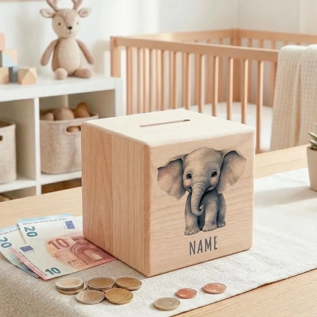 Elefant Spardose für Kinder personalisiert Sparbox aus Holz Sparschwein mit Schlüssel Taufgeschenk für Jungen und Mädchen – Bild 8