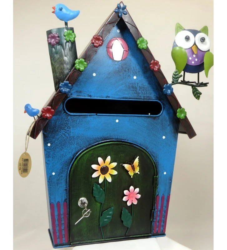 Briefkasten aus Metall Haus mit Eule blau/bunt ca. 53 cm hoch Handarbeit – Bild 4